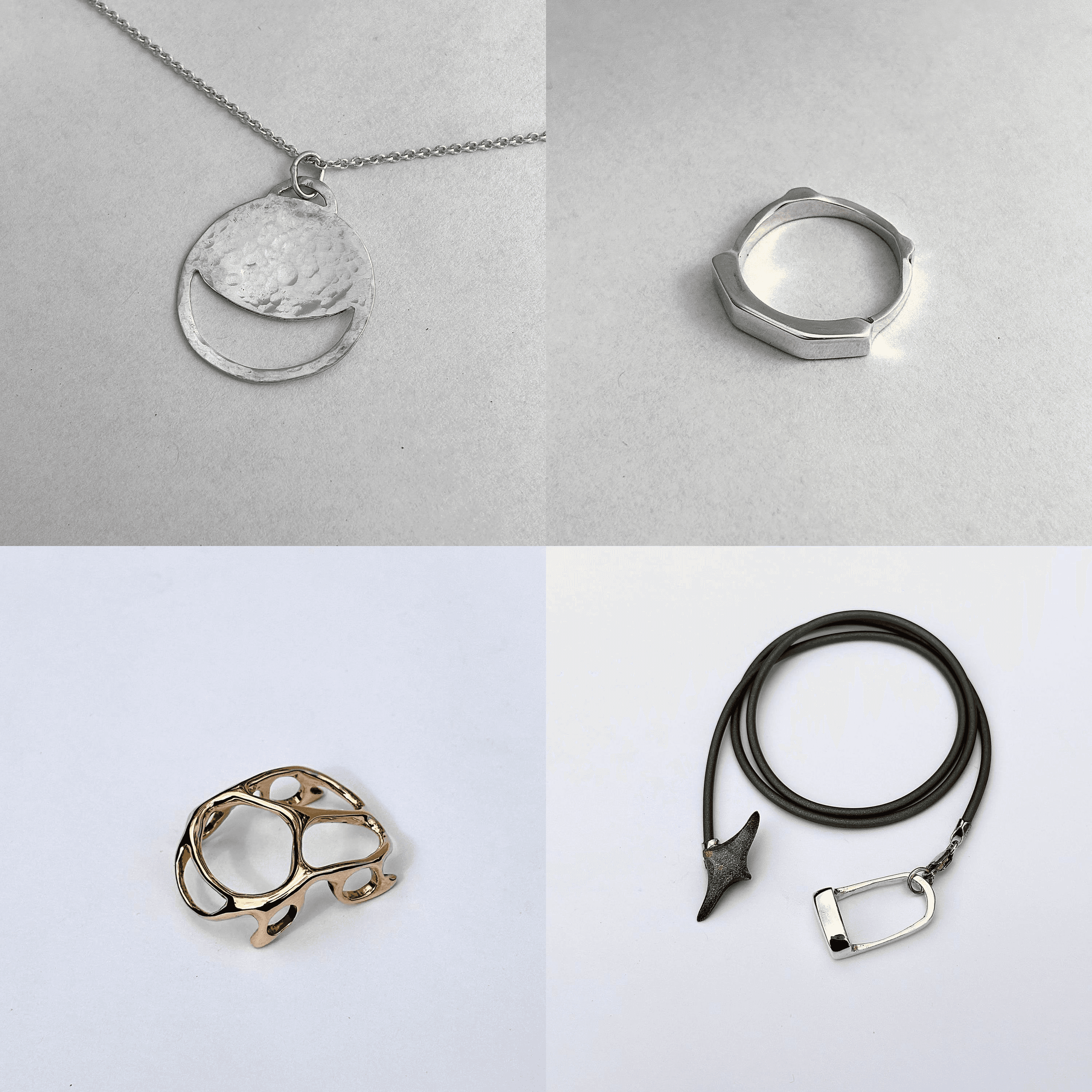 Four silversmithing projects arranged in a two-by-two photographic grid